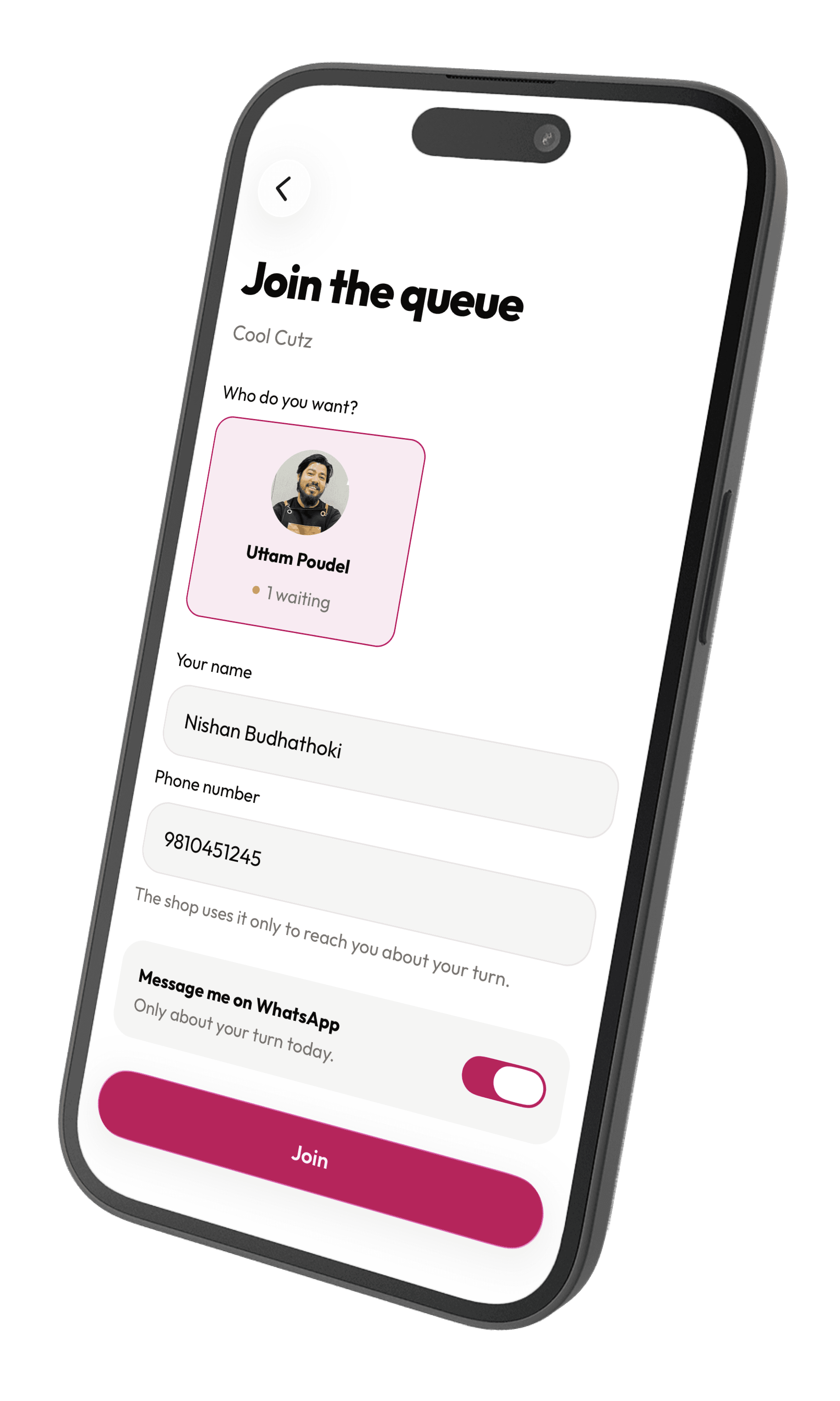 The queue screen in the app, showing who's waiting and who's up next